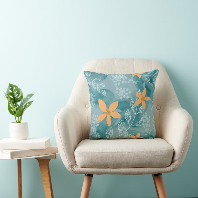 Abstract floral pattern orange teal throw pillow (Chair)