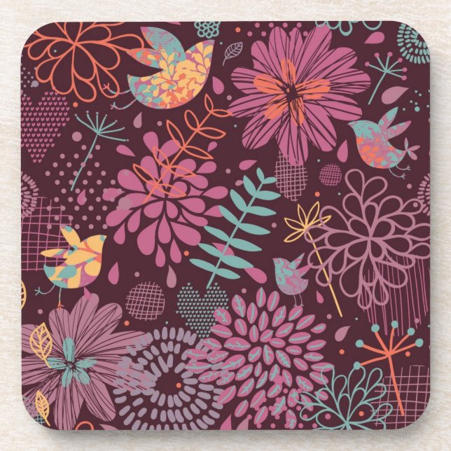 Abstract floral pattern with birds coaster (Front)