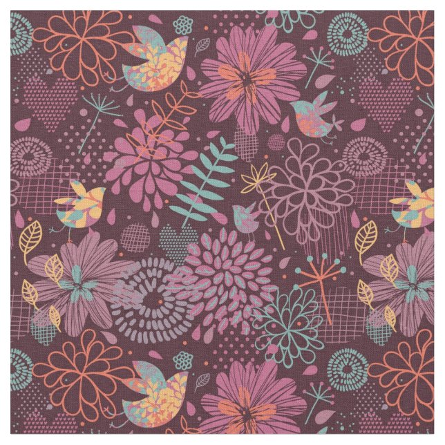 Abstract floral pattern with birds fabric (Close Up)