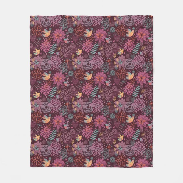 Abstract floral pattern with birds fleece blanket (Front)
