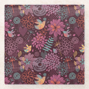 Abstract floral pattern with birds glass coaster