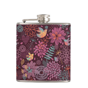 Abstract floral pattern with birds hip flask