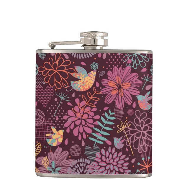 Abstract floral pattern with birds hip flask (Front)