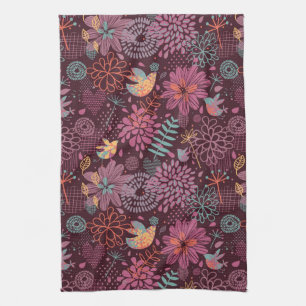 Abstract floral pattern with birds kitchen towel