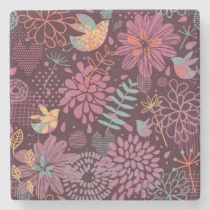 Abstract floral pattern with birds stone coaster