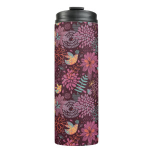Abstract floral pattern with birds thermal tumbler