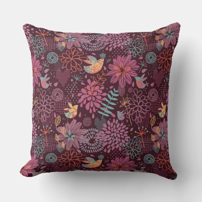 Abstract floral pattern with birds throw pillow (Front)