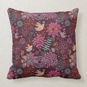 Abstract floral pattern with birds throw pillow