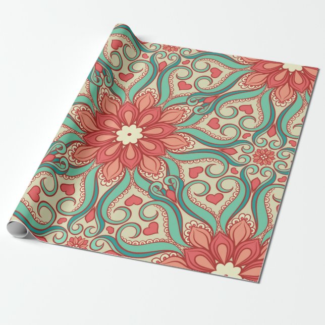 abstract floral pattern with hearts on a light gre wrapping paper (Unrolled)