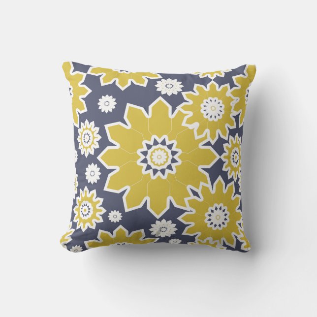 Abstract floral pattern, yellow, white, blue outdoor pillow (Front)