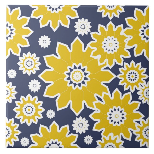 Abstract floral pattern, yellow, white, blue tile (Front)
