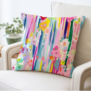 Abstract Floral Pillow, Bright Colourful Flowers Throw Pillow
