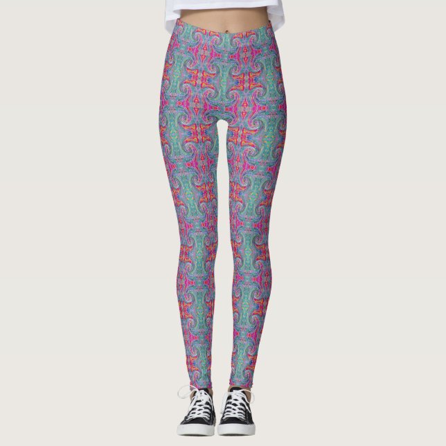 Abstract Floral Psychedelic Rainbow Waves of Colou Leggings (Front)