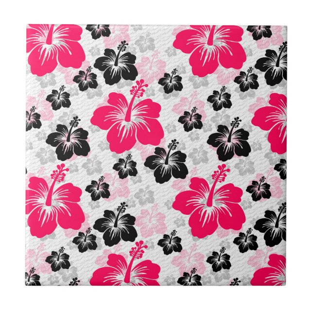 Abstract Floral Red Black White Tile (Front)