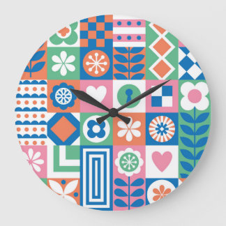 Abstract Floral: Scandinavian Folk Design. Large Clock