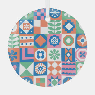 Abstract Floral Scandinavian Folk Pattern Glass Ornament