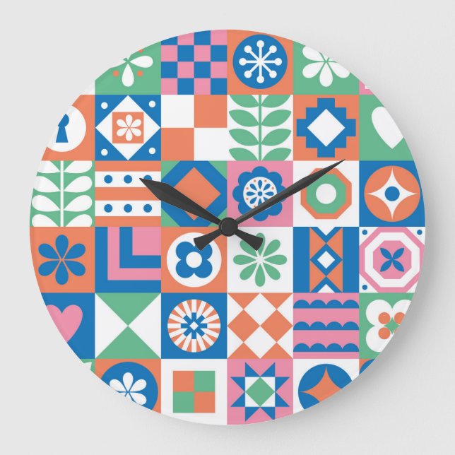 Abstract Floral Scandinavian Folk Pattern Large Clock (Front)