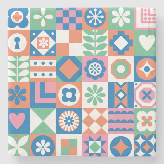 Abstract Floral Scandinavian Folk Pattern Stone Coaster (Front)