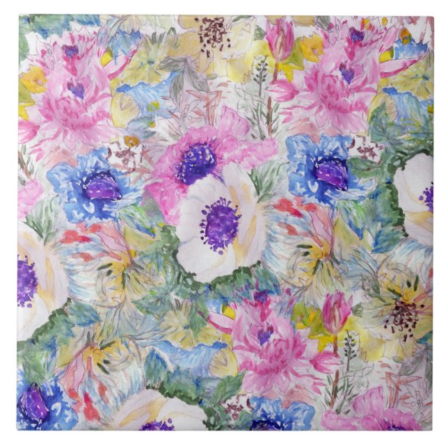 Abstract floral sketch watercolor hand paint tile (Front)