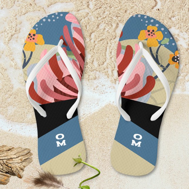 Abstract Floral Striped Monogram Flip Flops (Abstract Floral Striped Monogram Flip Flops ©Susanne Sachers - Sunny Mind 🌞)