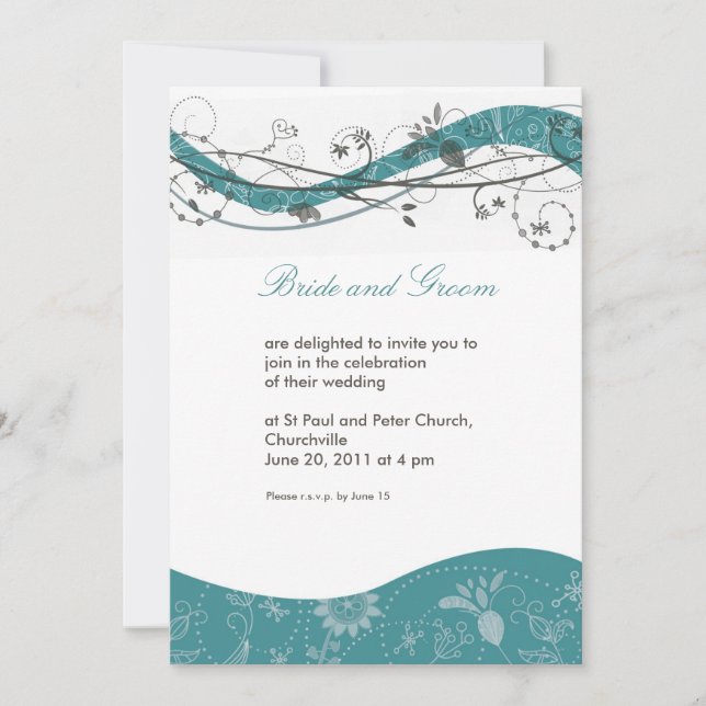 Abstract floral & swirl invitation - teal & brown (Front)