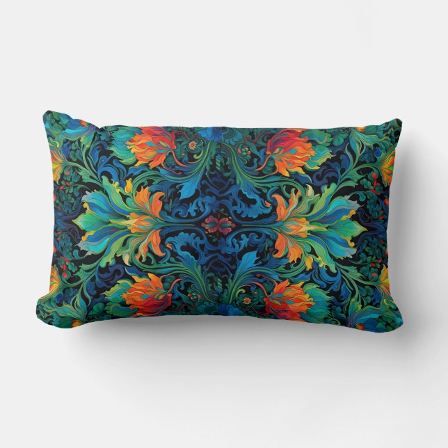Abstract Floral Swirl Tapestry Bold Vivid Colourfu Lumbar Pillow (Front)