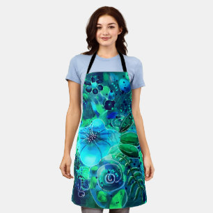 Abstract Floral Teal Blue Green Leaves Flowers Apron