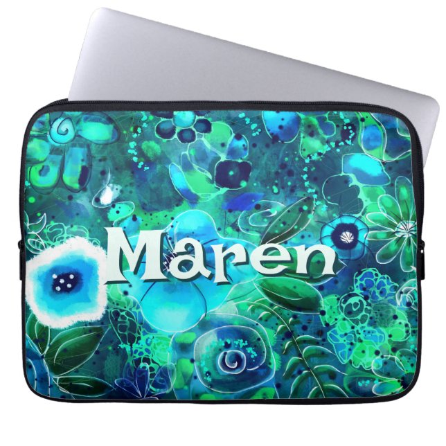 Abstract Floral Teal Blue Green Personalized Laptop Sleeve (Front)
