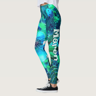 Abstract Floral Teal Blue Green Personalized Leggings