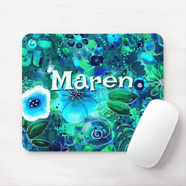 Abstract Floral Teal Blue Green Personalized Mouse Pad (With Mouse)