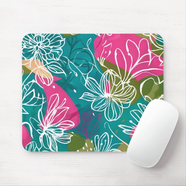 Abstract Floral Teal Pink Office Mouse Pad (With Mouse)