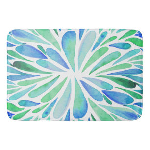 Abstract floral watercolor burst aqua and blue bath mat