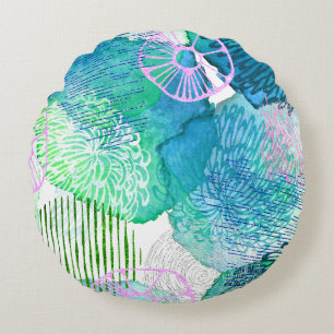 Abstract floral watercolor floral blue white pink round pillow
