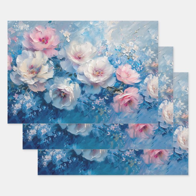 Abstract Florals Pink Blue Oil Painting Decoupage Wrapping Paper Sheet (Set)