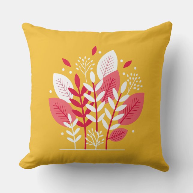 Abstract Florals Pink on Yellow Throw Pillow (Front)