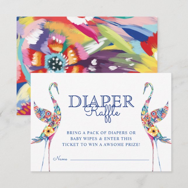 Abstract Florals Stork Birds Diaper Raffle Ticket Enclosure Card (Front/Back)