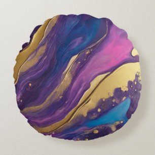 Abstract-Flow Art-Blue Pink Purple and Gold- Round Pillow