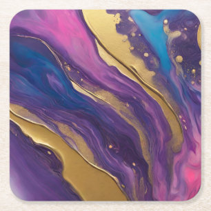 Abstract Flow Art-Blue Purple Pink and Gold- Square Paper Coaster