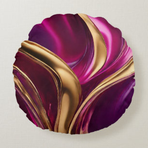Abstract-Flow Art-Fuchsia Purple and Gold- Round Pillow