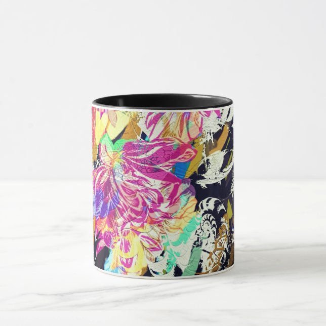 Abstract flower and animal pattern pink black whit mug (Center)