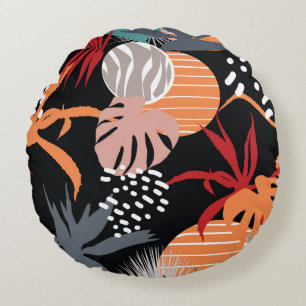 Abstract flower and tropical leaves drawing seamle round pillow