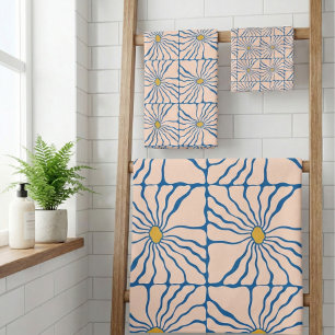 Abstract Flower Blue Yellow Retro Boho Floral  Bath Towel Set