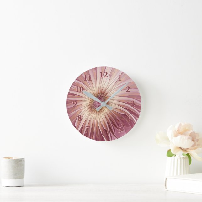 Abstract Flower Fractal Art & Shades of Burgundy Round Clock (Home)