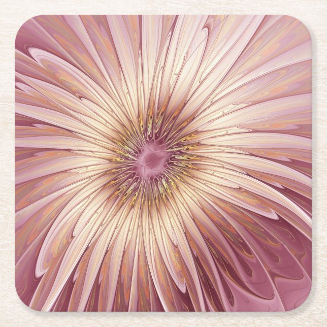 Abstract Flower Fractal Art & Shades of Burgundy Square Paper Coaster (Front)