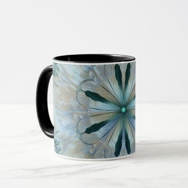 Abstract Flower Fractal Teal White Blue Grey Mug (Front Left)