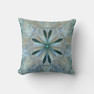 Abstract Flower Fractal Teal White Blue Grey Throw Pillow
