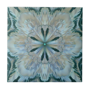 Abstract Flower Fractal Teal White Blue Grey Tile