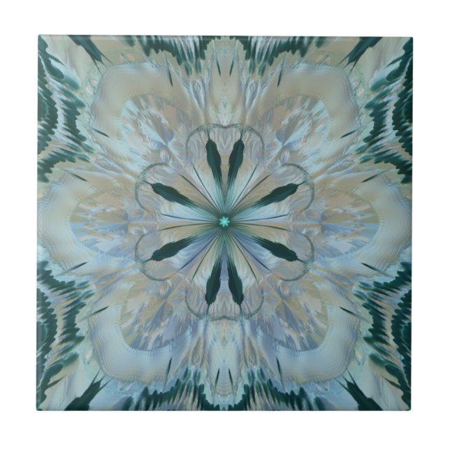 Abstract Flower Fractal Teal White Blue Grey Tile (Front)