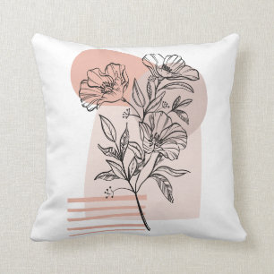 Abstract flower line art pastel pink  throw pillow