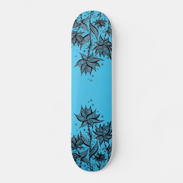 Abstract Flower Lineart Blue Skateboard (Front)